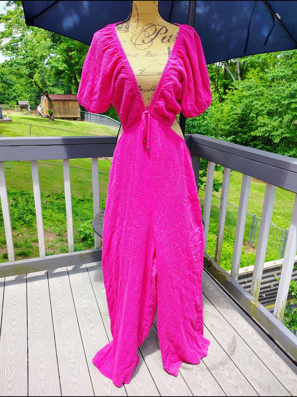 143 Story Hot Pink Gauze Cutout Wide Leg Jumpsuit w Pockets